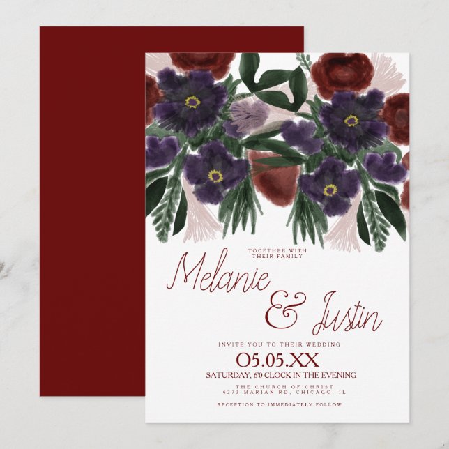 Watercolor Burgundy Bold Bouquet BlumenWedding Einladung (Vorne/Hinten)