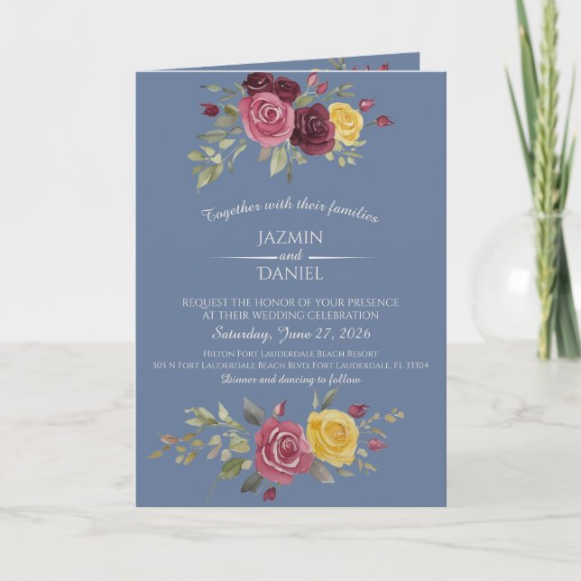  Watercolor Burgundy Country Roses Blue Einladung (Vorderseite)