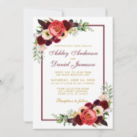 Watercolor Burgundy Floral Boho Wedding Gold BW