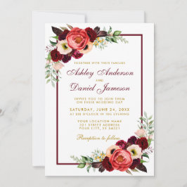 Watercolor Burgundy Floral Boho Wedding Gold BW Einladung