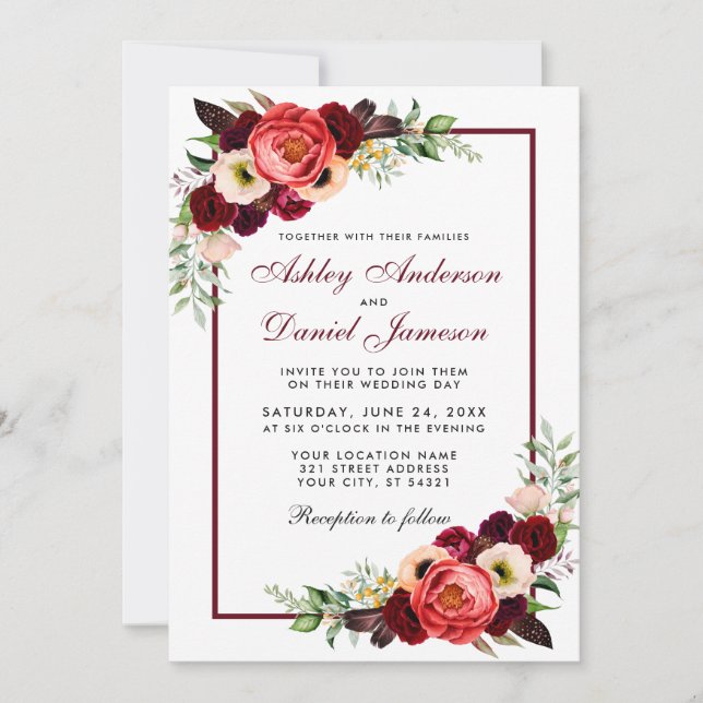 Watercolor Burgundy Floral Boho Wedite Einladung (Vorderseite)