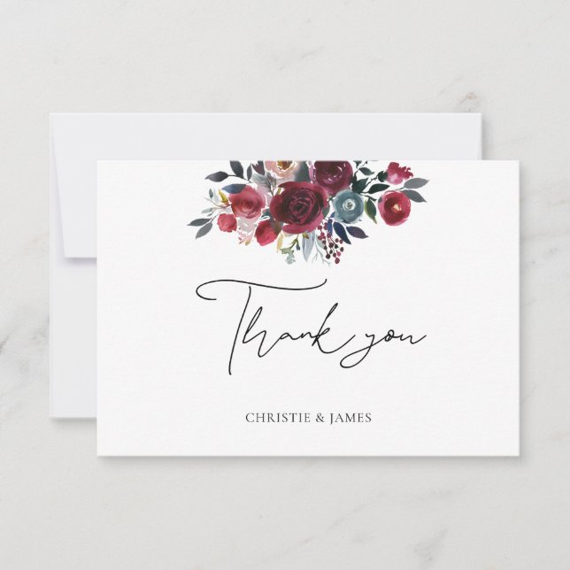 Watercolor Burgundy Floral Danke Karte (Vorderseite)