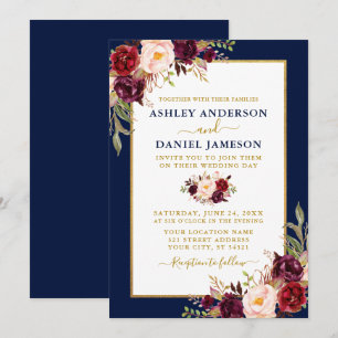 Watercolor Burgundy Floral Gold Blue Wedding Einladung