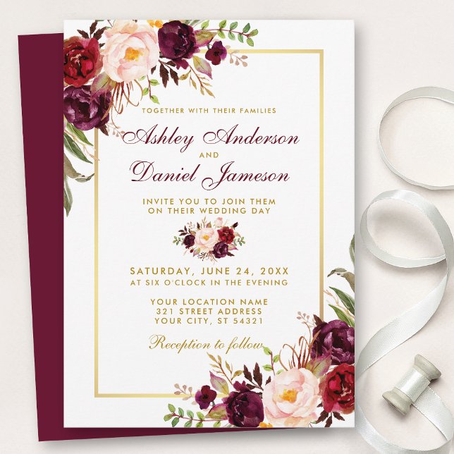 Watercolor Burgundy Floral Gold Hochzeit Einladung (Customize to change text color, style, add text & photos to back or change color of back of card.)