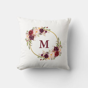 Watercolor Burgundy Floral Gold Monogram Kissen