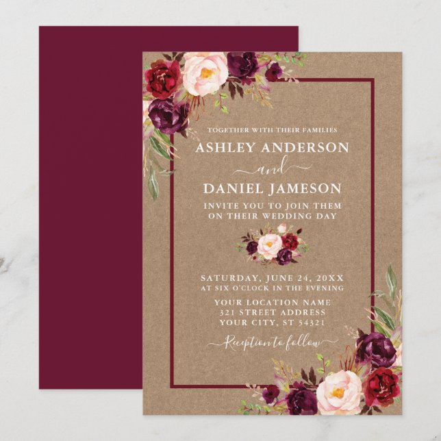 Watercolor Burgundy Floral Kraft Wedding Einladung (Vorne/Hinten)