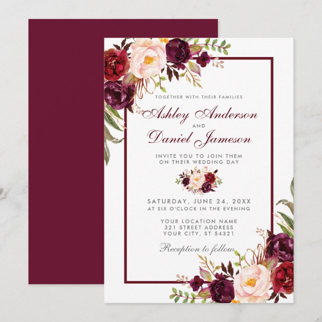Watercolor Burgundy Floral Silver Wedding Einladung (Vorne/Hinten)