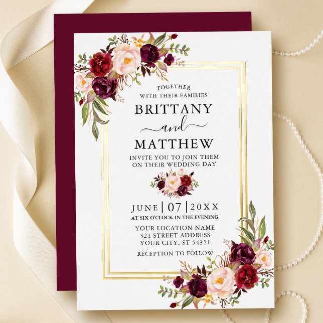 Watercolor Burgundy Floral Wedding 2 Frame Gold Folieneinladung (Customize to change text size, text style or color of back of card.)