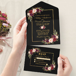 Watercolor Burgundy Floral Wedding Gold All In One Einladung