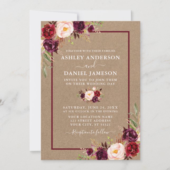 Watercolor Burgundy Floral Wedding Kraft Einladung (Vorderseite)