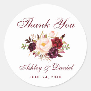 Watercolor Burgundy Floral Wedding Vielen Dank Runder Aufkleber