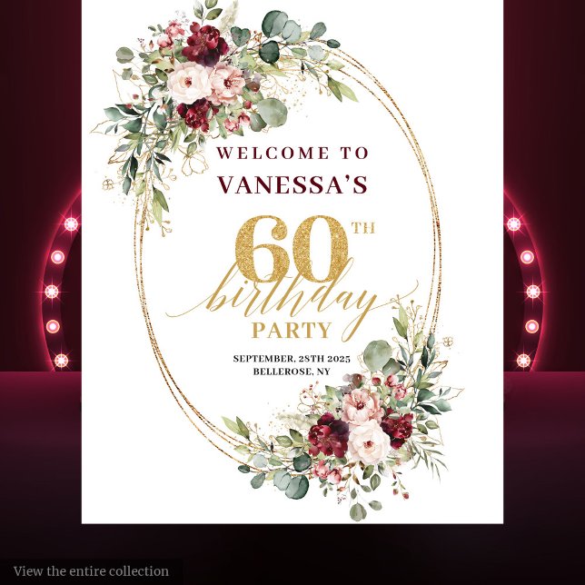 Watercolor Burgundy Gold Eucalyptus 60th Birthday  Wandteppich (Watercolor Burgundy Gold Eucalyptus 60th Birthday Banner)