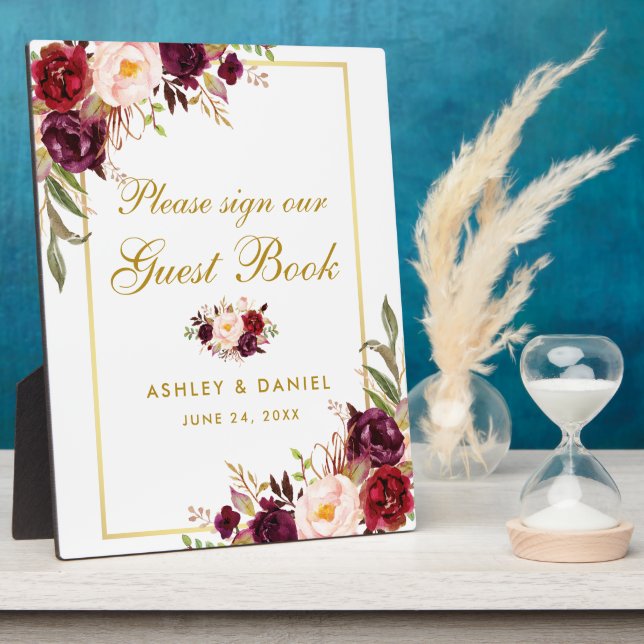 Watercolor Burgundy Gold Wedding Guestbook Fotoplatte (Seite)