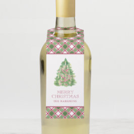 Watercolor Burgundy & Green Karierter Weihnachtsba Flaschenanhänger