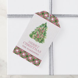 Watercolor Burgundy & Green Karierter Weihnachtsba Geschenkanhänger