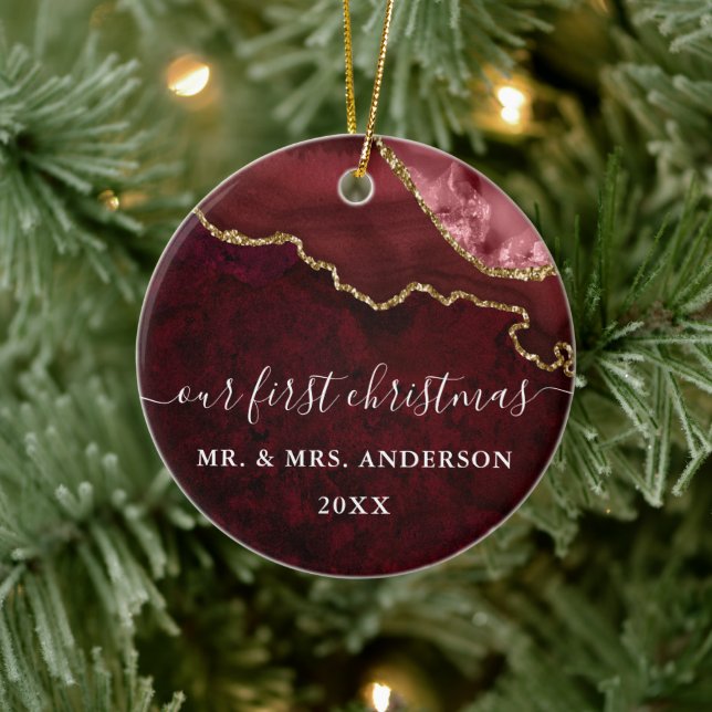 Watercolor Burgundy Marble Agate Geode Wedding Keramik Ornament (Baum)