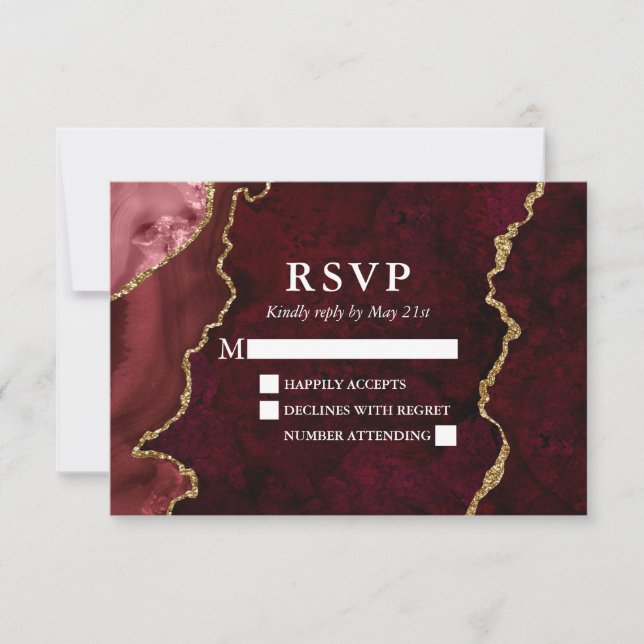 Watercolor Burgundy Marble Agate Geode Wedding RSVP Karte (Vorderseite)
