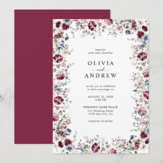 Watercolor Burgundy Navy Blue Floral Wedding Einladung