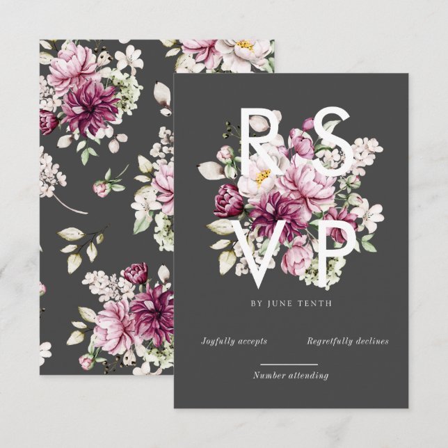 watercolor burgundy peonys carte rsvp (Devant / Derrière)