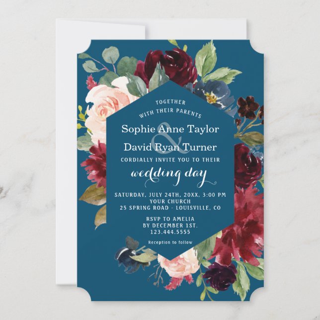 Watercolor Burgundy Pink Blue Floral Wedding Einladung (Vorderseite)