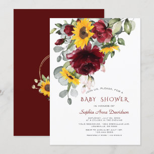 Watercolor Burgundy Sonnenblumen Gold Baby Dusche Einladung