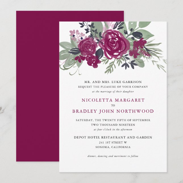 Watercolor Burgundy Wine Floral Boho Hochzeit Einladung (Vorne/Hinten)
