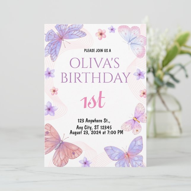 Watercolor Butterfly 1ère invitation anniversaire (Debout devant)