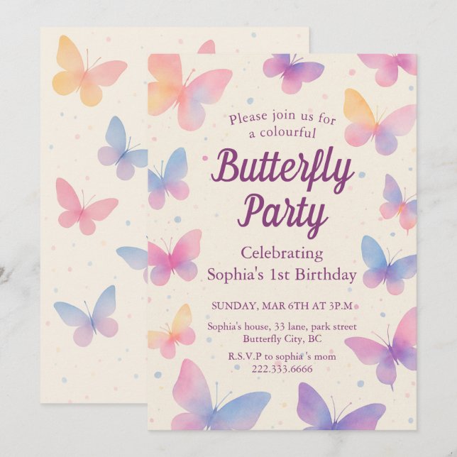 Watercolor Butterfly 1st Birthday Party Einladung (Vorne/Hinten)