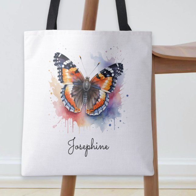 Watercolor Butterfly Red Admiral Custom Name  Tasche (A tote bag with red admiral butterfly picture in a watercolor style and personalized name)