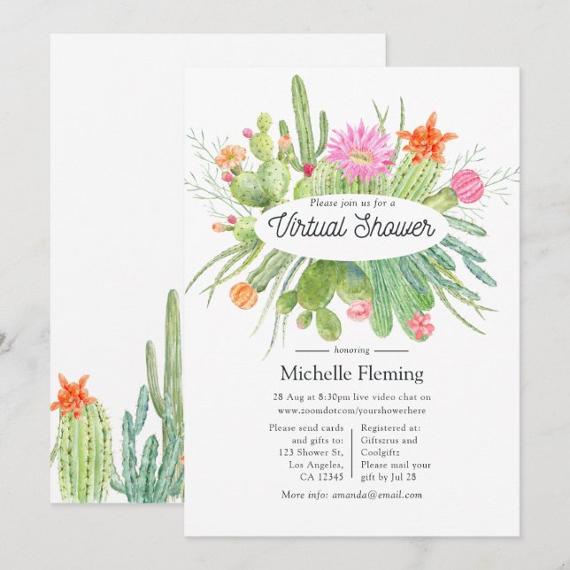 Watercolor Cactus Virtual Baby Shower Einladung (Vorne/Hinten)