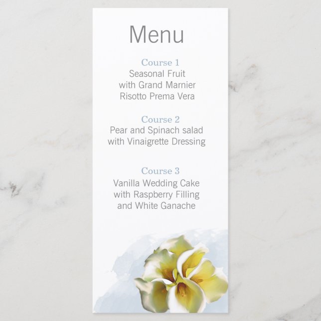 watercolor calla lys Floral menu Mariage (Devant)