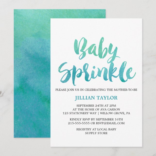 Watercolor Calligraphy Baby Sprinkle Einladung (Vorne/Hinten)