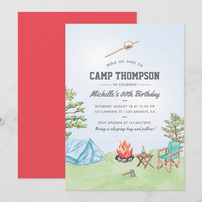 Watercolor Camping Anniversaire Fête Invitation (Devant / Derrière)