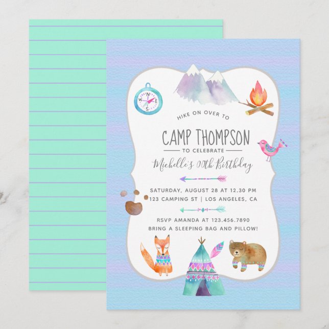Watercolor Camping Anniversaire Fête Invitation (Devant / Derrière)