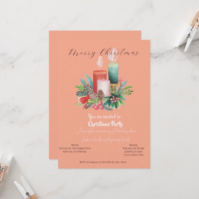 Watercolor Candlelight Christmas invitation Card Einladung (Vorderseite/Rückseite Beispiel)