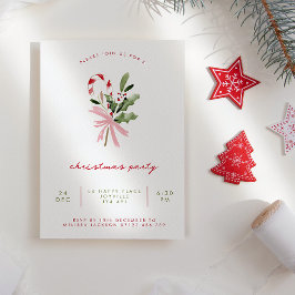 Watercolor Candy Cane Holly & Bow Christmas Party Einladung