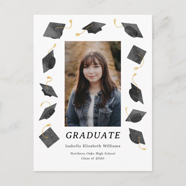Watercolor Caps Graduation Party Invitation Postkarte (Vorderseite)