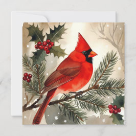 Watercolor Cardinal on Snowy Pine Branch Flat Card