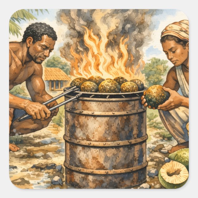 Watercolor Caribbean Breadfruit Scene Quadratischer Aufkleber (Vorderseite)