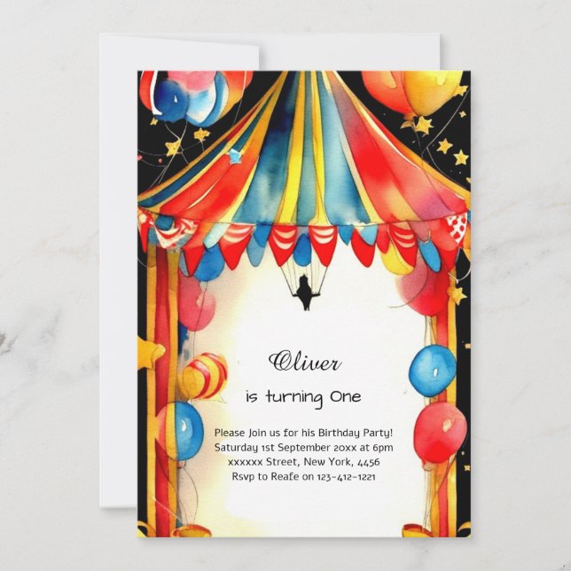 Watercolor Carnival Circus 1er Invitation annivers (Devant)