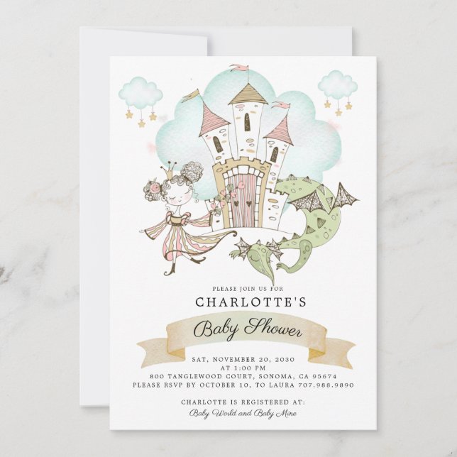 Watercolor Castle Princess Dragon Invitation (Devant)