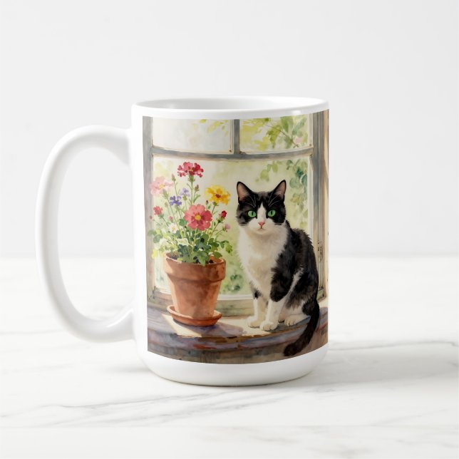 Watercolor Cat, Flowers and Poem Kaffeetasse (Links)