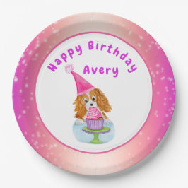 Watercolor Cavalier King Charles Cupcake Birthday Pappteller