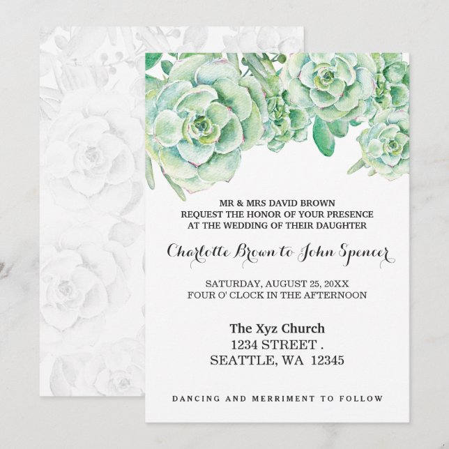 watercolor celadon succulentes invitations de mari (Devant / Derrière)