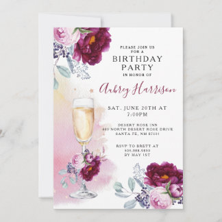 Watercolor Champagne Glass Floral Geburtstagsparty Einladung