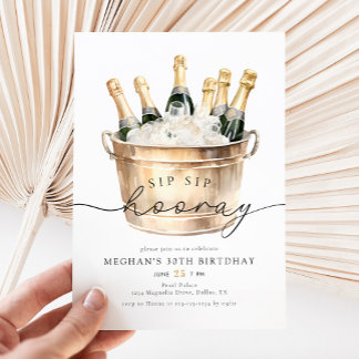 Watercolor Champagne Sip Hooray Geburtstagsparty Einladung