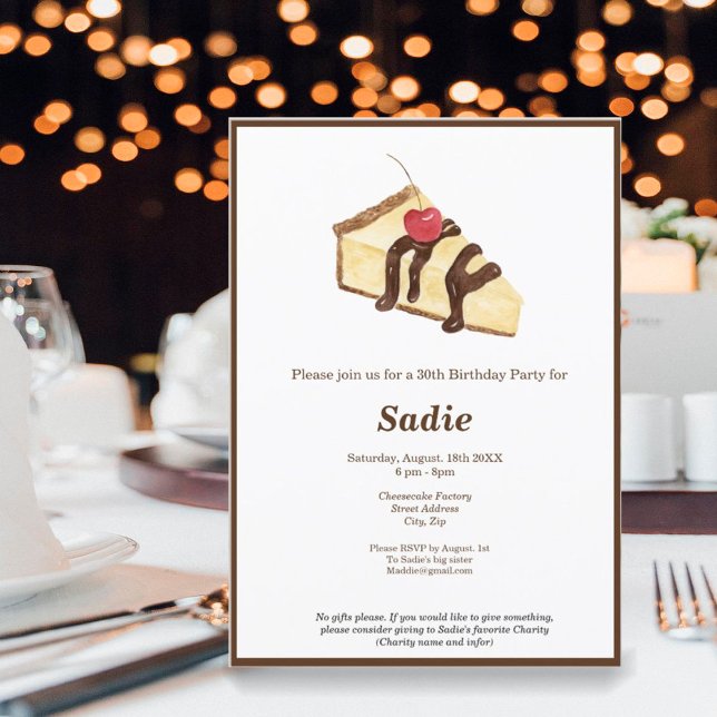 Watercolor Cheesecake Elegante Einladung (Join us for an exquisite cheesecake indulgence with an invitation that exudes elegance. )