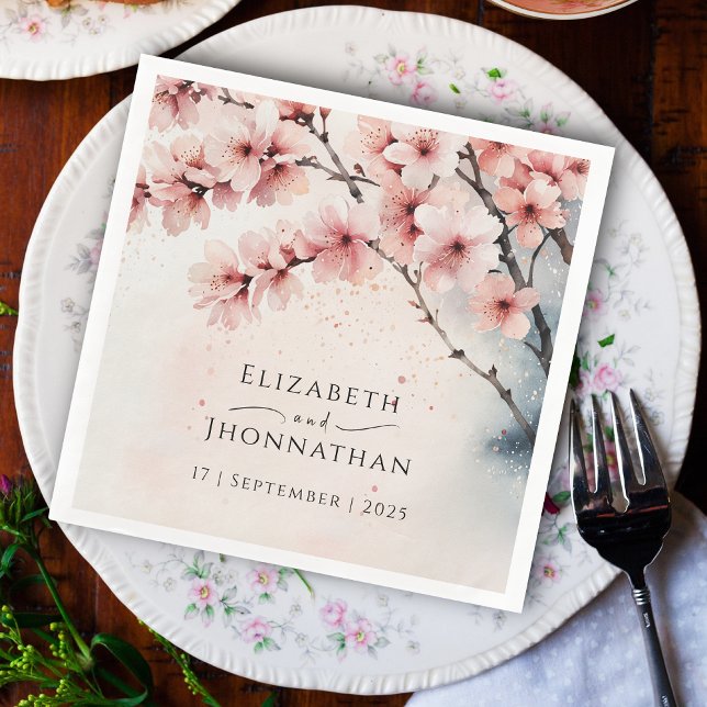 Watercolor Cherry Blossom Chic Hochzeitsfeier Serviette (Von Creator hochgeladen)