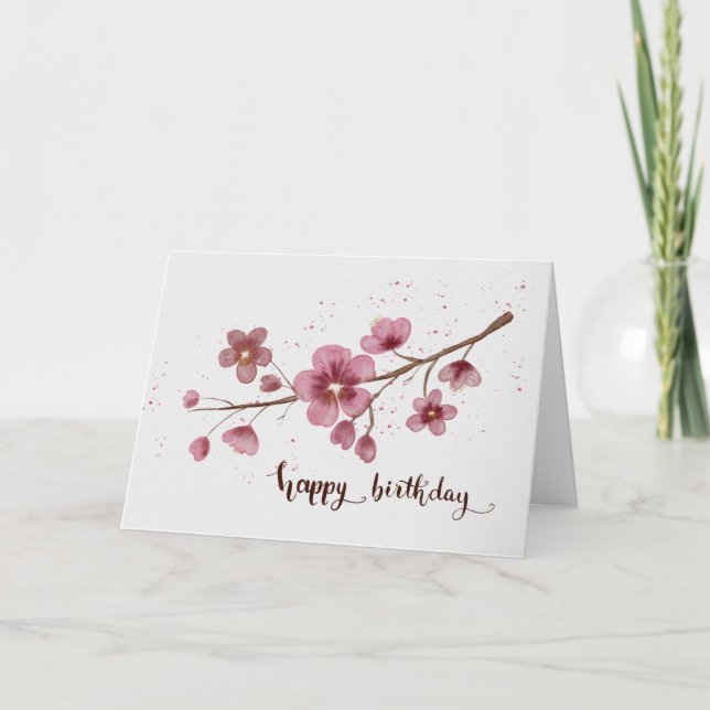 Watercolor Cherry blossom Happy Birthday Karte (Vorderseite)
