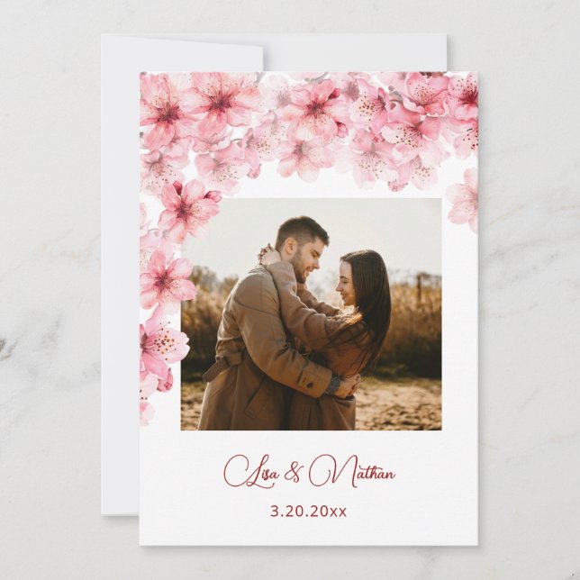 Watercolor Cherry Blossom Photo Wedding Save The Date (Vorderseite)